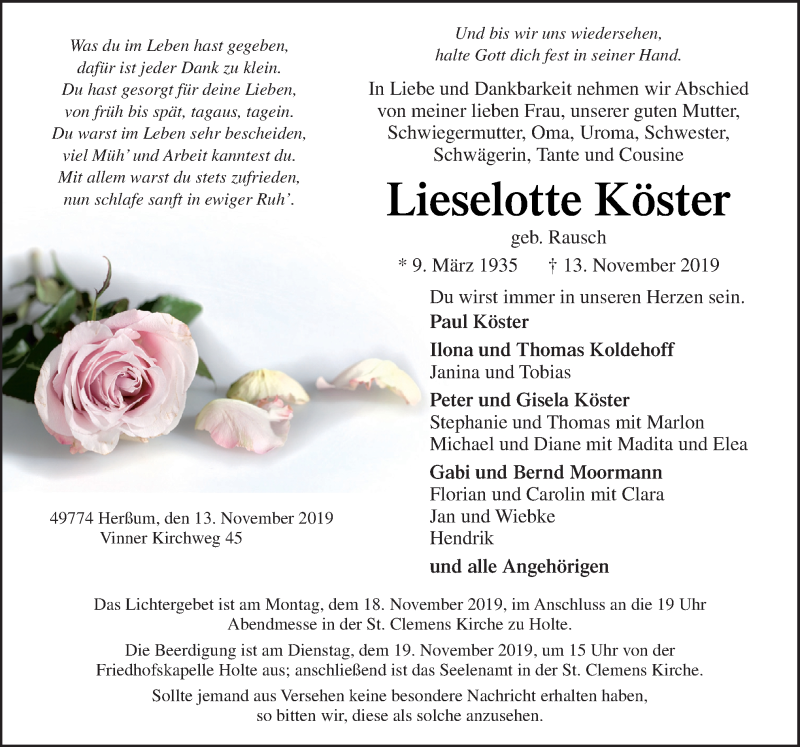  Traueranzeige für Lieselotte Köster vom 16.11.2019 aus Neue Osnabrücker Zeitung GmbH & Co. KG