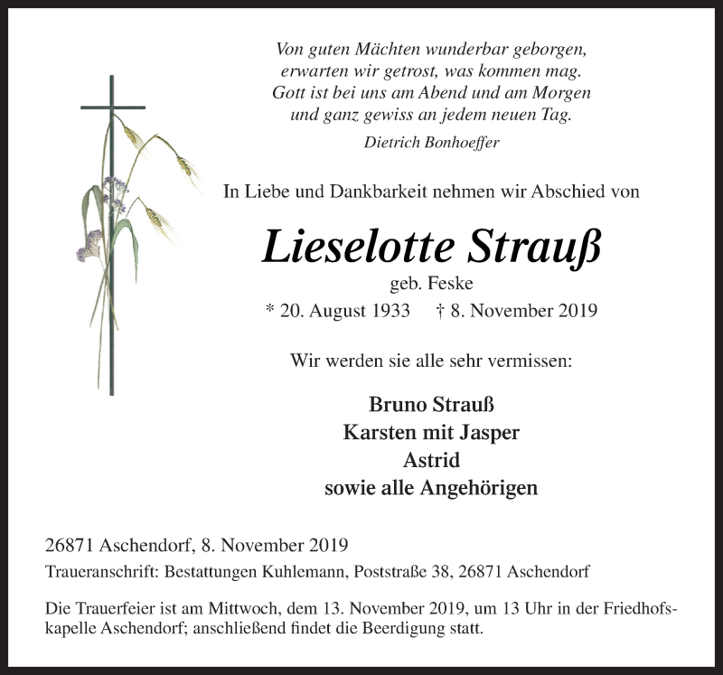  Traueranzeige für Lieselotte Strauß vom 11.11.2019 aus Neue Osnabrücker Zeitung GmbH & Co. KG