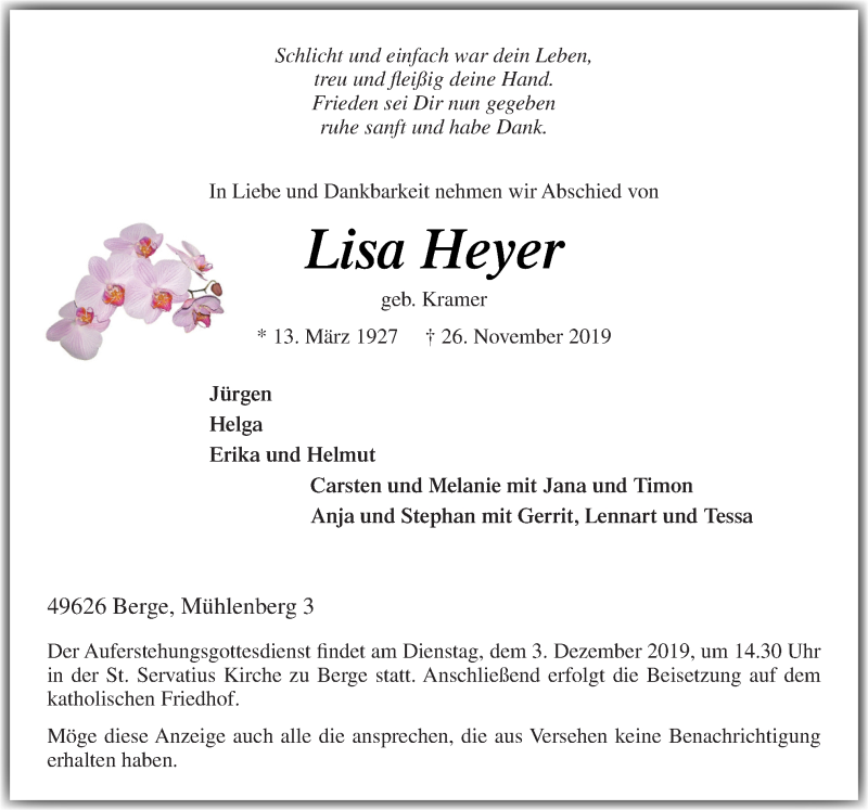  Traueranzeige für Lisa Heyer vom 29.11.2019 aus Neue Osnabrücker Zeitung GmbH & Co. KG