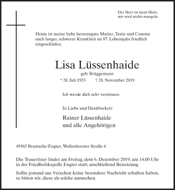 Traueranzeige von Lisa Lüssenhaide von Neue Osnabrücker Zeitung GmbH & Co. KG