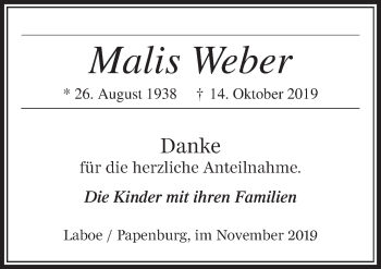 Traueranzeige von Malis Weber von Neue Osnabrücker Zeitung GmbH & Co. KG