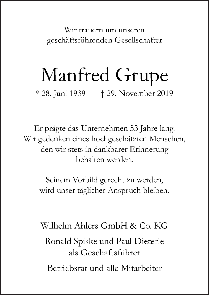  Traueranzeige für Manfred Grupe vom 30.11.2019 aus Neue Osnabrücker Zeitung GmbH & Co. KG