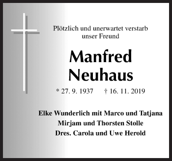 Traueranzeige von Manfred Neuhaus von Neue Osnabrücker Zeitung GmbH & Co. KG