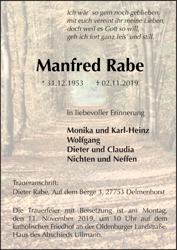  Traueranzeige für Manfred Rabe vom 09.11.2019 aus Neue Osnabrücker Zeitung GmbH & Co. KG
