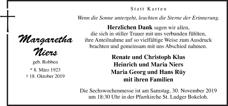  Traueranzeige für Margaretha Niers vom 23.11.2019 aus Neue Osnabrücker Zeitung GmbH & Co. KG