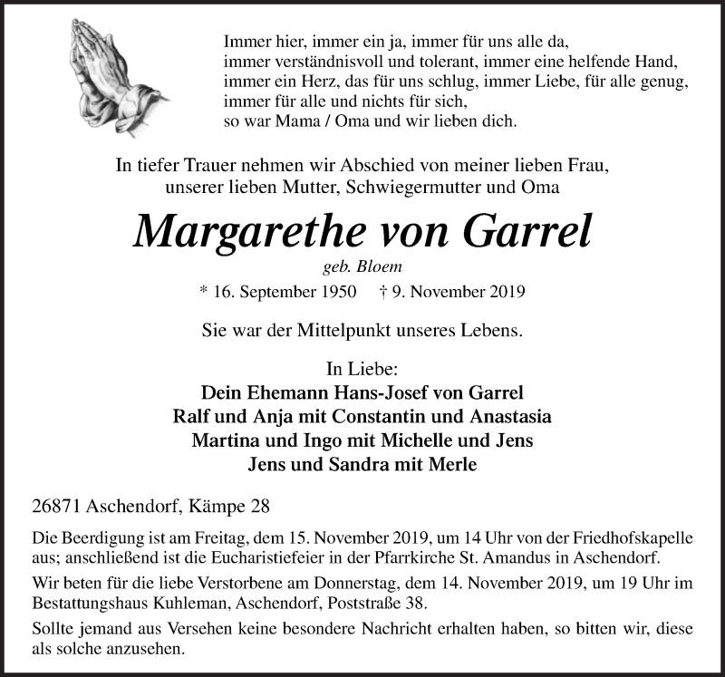  Traueranzeige für Margarethe von Garrel vom 11.11.2019 aus Neue Osnabrücker Zeitung GmbH & Co. KG