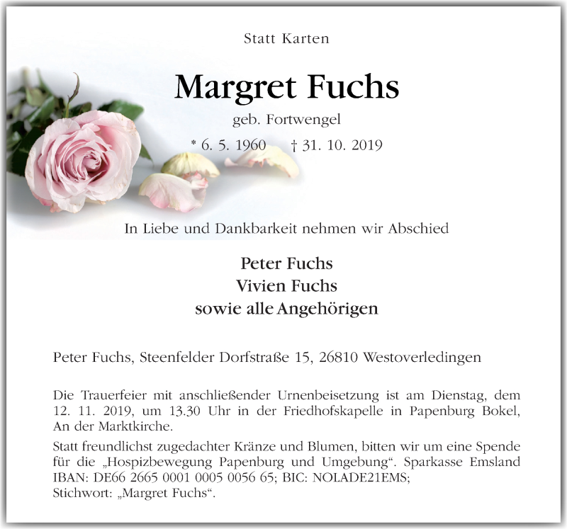 Traueranzeige für Margret Fuchs vom 09.11.2019 aus Neue Osnabrücker Zeitung GmbH & Co. KG
