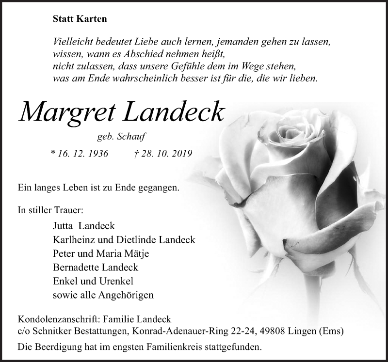  Traueranzeige für Margret Landeck vom 02.11.2019 aus Neue Osnabrücker Zeitung GmbH & Co. KG