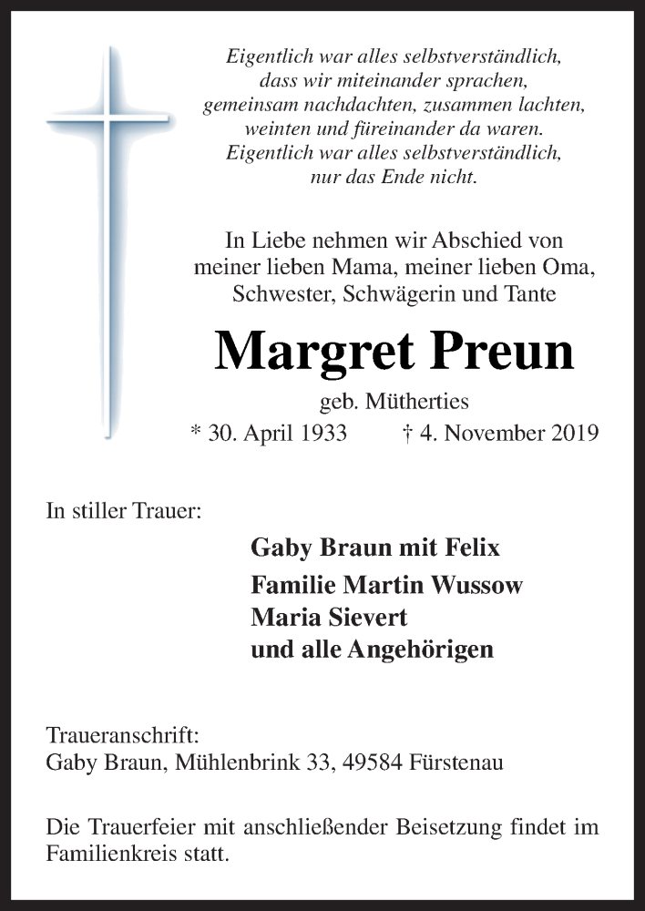  Traueranzeige für Margret Preun vom 07.11.2019 aus Neue Osnabrücker Zeitung GmbH & Co. KG
