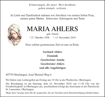 Traueranzeige von Maria Ahlers von Neue Osnabrücker Zeitung GmbH & Co. KG