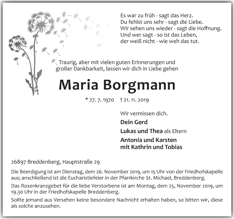  Traueranzeige für Maria Borgmann vom 23.11.2019 aus Neue Osnabrücker Zeitung GmbH & Co. KG