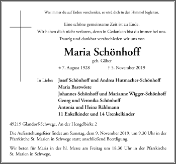 Traueranzeige von Maria Schönhoff von Neue Osnabrücker Zeitung GmbH & Co. KG