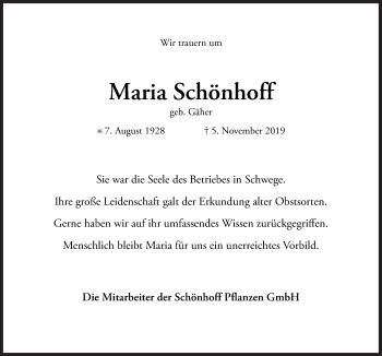 Traueranzeige von Maria Schönhoff von Neue Osnabrücker Zeitung GmbH & Co. KG