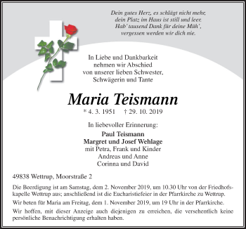 Traueranzeige von Maria Teismann von Neue Osnabrücker Zeitung GmbH & Co. KG