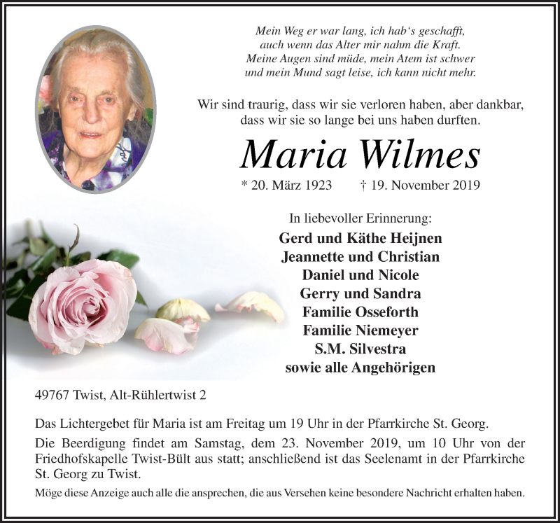  Traueranzeige für Maria Wilmes vom 21.11.2019 aus Neue Osnabrücker Zeitung GmbH & Co. KG