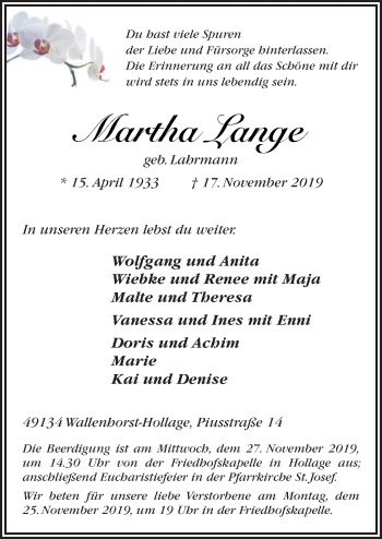 Traueranzeige von Martha Lange von Neue Osnabrücker Zeitung GmbH & Co. KG