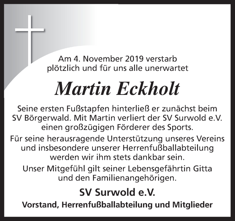  Traueranzeige für Martin Eckholt vom 08.11.2019 aus Neue Osnabrücker Zeitung GmbH & Co. KG