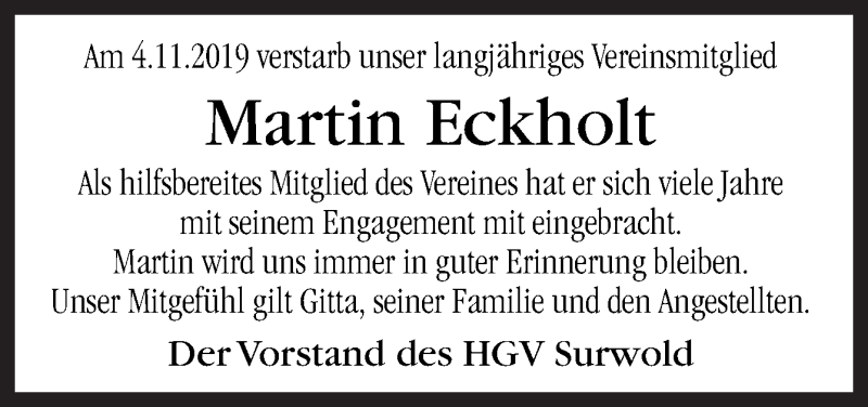  Traueranzeige für Martin Eckholt vom 11.11.2019 aus Neue Osnabrücker Zeitung GmbH & Co. KG