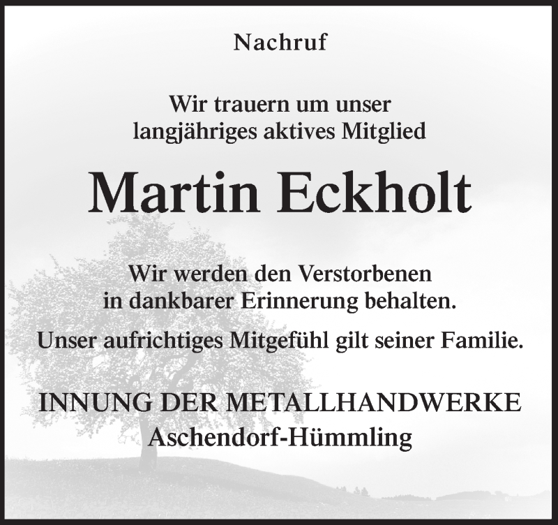  Traueranzeige für Martin Eckholt vom 08.11.2019 aus Neue Osnabrücker Zeitung GmbH & Co. KG