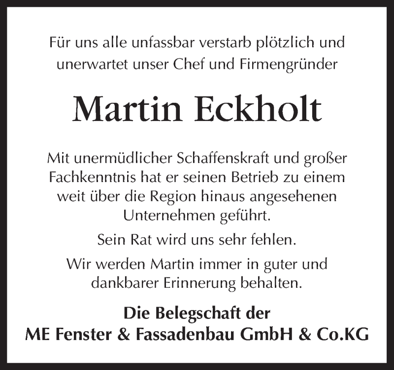  Traueranzeige für Martin Eckholt vom 08.11.2019 aus Neue Osnabrücker Zeitung GmbH & Co. KG
