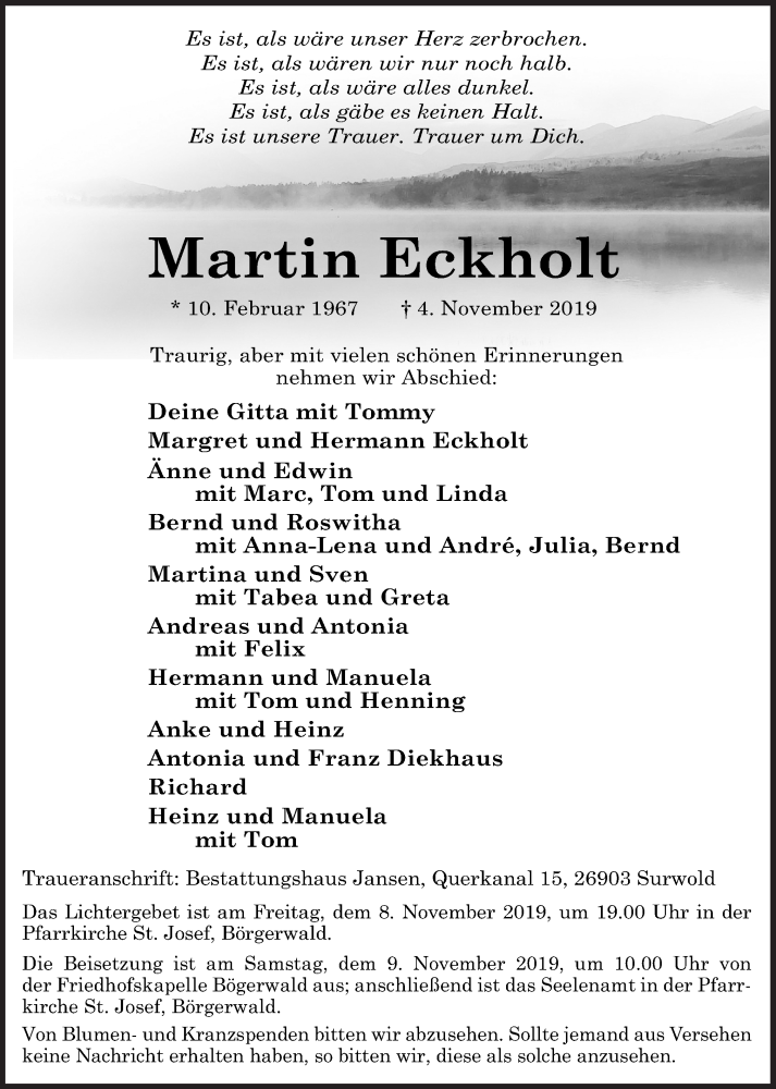  Traueranzeige für Martin Eckholt vom 07.11.2019 aus Neue Osnabrücker Zeitung GmbH & Co. KG