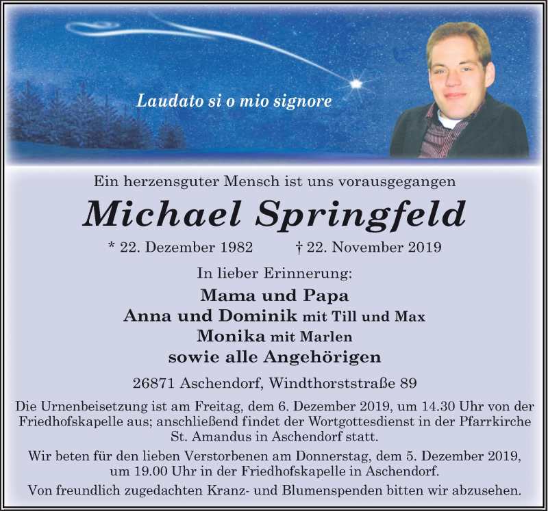  Traueranzeige für Michael Springfeld vom 27.11.2019 aus Neue Osnabrücker Zeitung GmbH & Co. KG