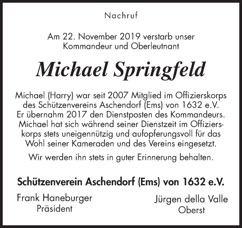  Traueranzeige für Michael Springfeld vom 29.11.2019 aus Neue Osnabrücker Zeitung GmbH & Co. KG