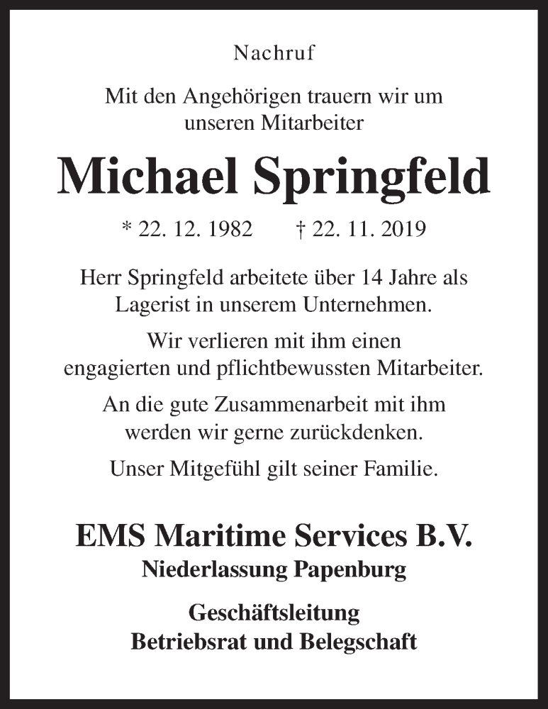  Traueranzeige für Michael Springfeld vom 29.11.2019 aus Neue Osnabrücker Zeitung GmbH & Co. KG
