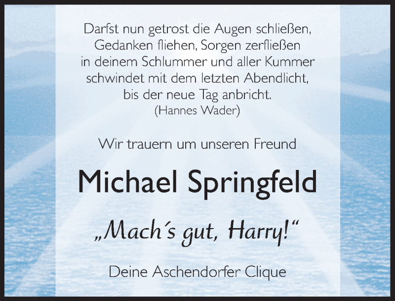  Traueranzeige für Michael Springfeld vom 28.11.2019 aus Neue Osnabrücker Zeitung GmbH & Co. KG