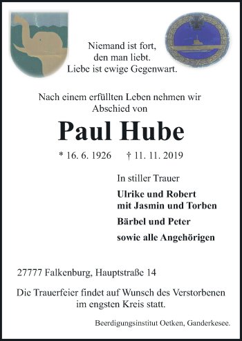 Traueranzeige von Paul Hube von Neue Osnabrücker Zeitung GmbH & Co. KG