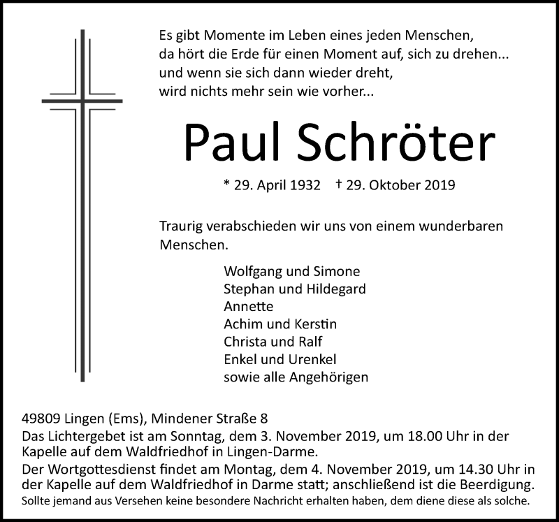  Traueranzeige für Paul Schröter vom 01.11.2019 aus Neue Osnabrücker Zeitung GmbH & Co. KG