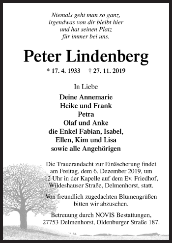 Traueranzeige von Peter Lindenberg von Neue Osnabrücker Zeitung GmbH & Co. KG