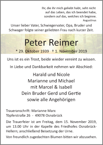 Traueranzeige von Peter Reimer von Neue Osnabrücker Zeitung GmbH & Co. KG