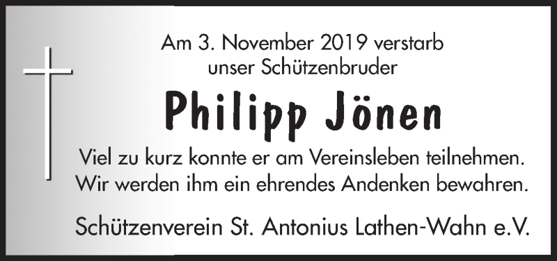  Traueranzeige für Philipp Jönen vom 08.11.2019 aus Neue Osnabrücker Zeitung GmbH & Co. KG