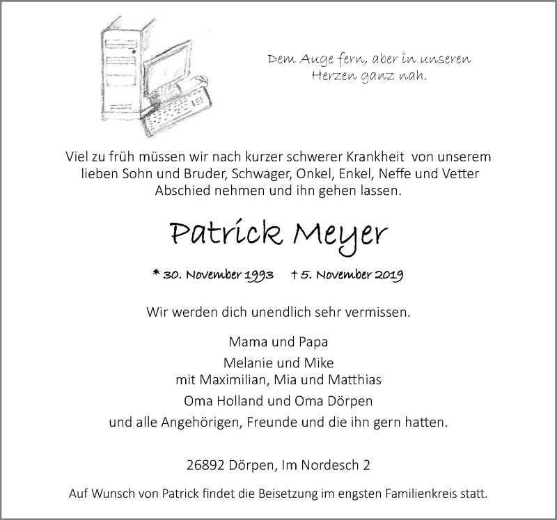  Traueranzeige für Pntric Metier vom 09.11.2019 aus Neue Osnabrücker Zeitung GmbH & Co. KG