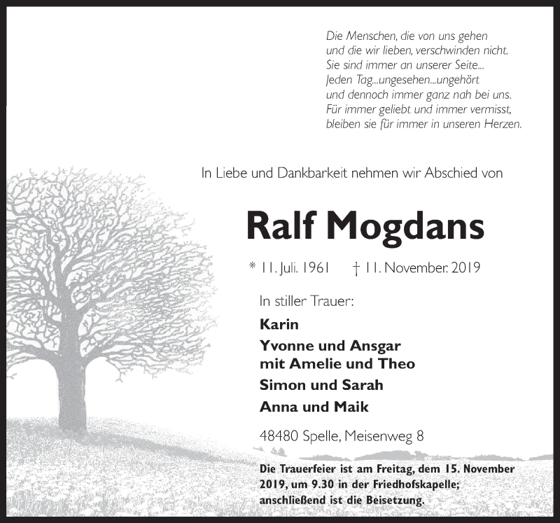  Traueranzeige für Ralf Mogdans vom 15.11.2019 aus Neue Osnabrücker Zeitung GmbH & Co. KG