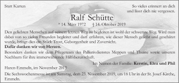 Traueranzeige von Ralf Schütte von Neue Osnabrücker Zeitung GmbH & Co. KG