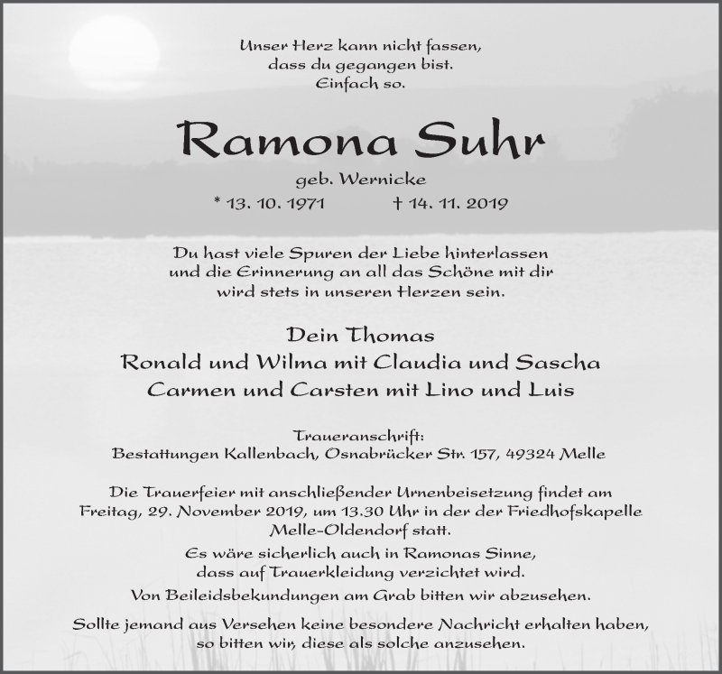  Traueranzeige für Ramona Suhr vom 25.11.2019 aus Neue Osnabrücker Zeitung GmbH & Co. KG