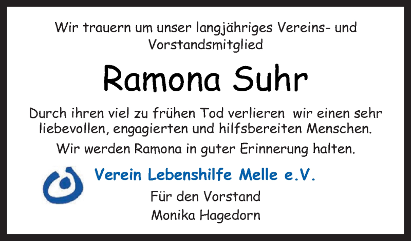  Traueranzeige für Ramona Suhr vom 30.11.2019 aus Neue Osnabrücker Zeitung GmbH & Co. KG