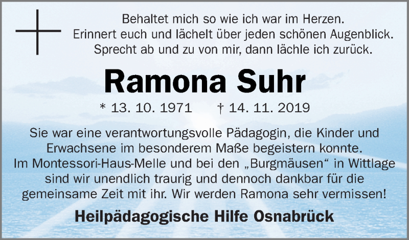  Traueranzeige für Ramona Suhr vom 29.11.2019 aus Neue Osnabrücker Zeitung GmbH & Co. KG