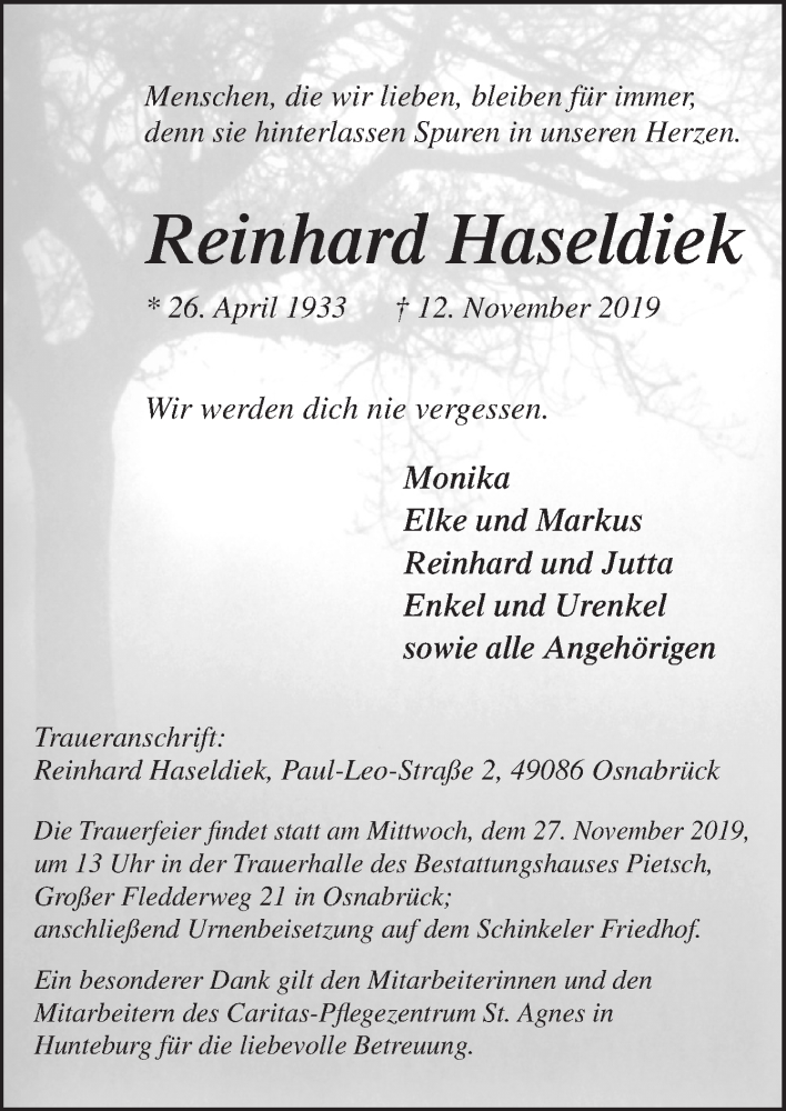 Traueranzeige für Reinhard Haseldiek vom 16.11.2019 aus Neue Osnabrücker Zeitung GmbH & Co. KG