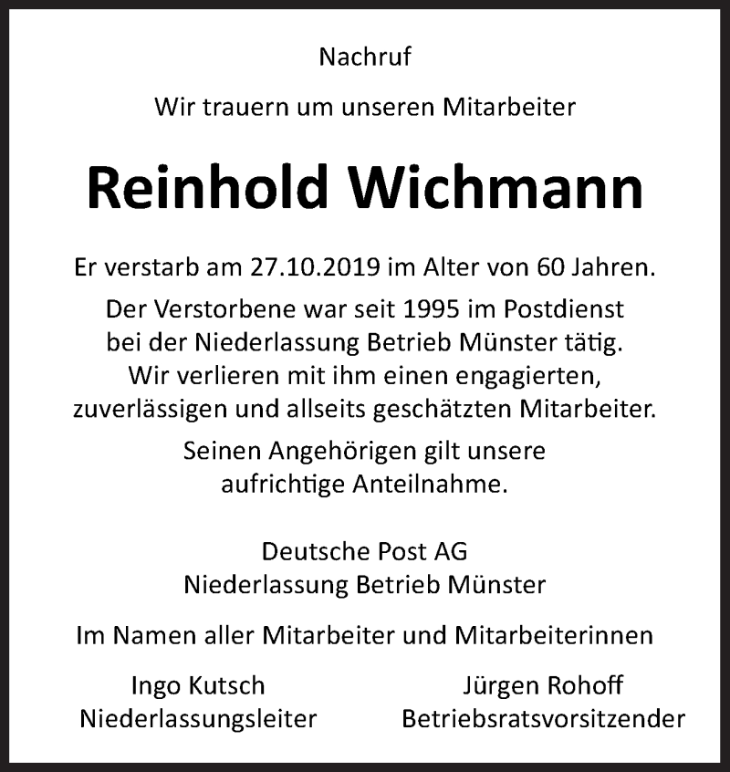  Traueranzeige für Reinhold Wichmann vom 08.11.2019 aus Neue Osnabrücker Zeitung GmbH & Co. KG