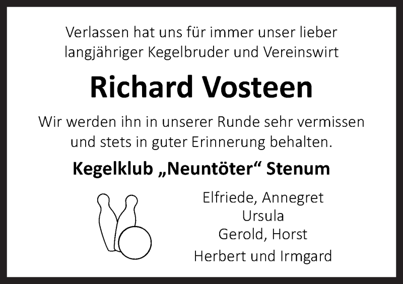  Traueranzeige für Richard Vosteen vom 14.11.2019 aus Neue Osnabrücker Zeitung GmbH & Co. KG