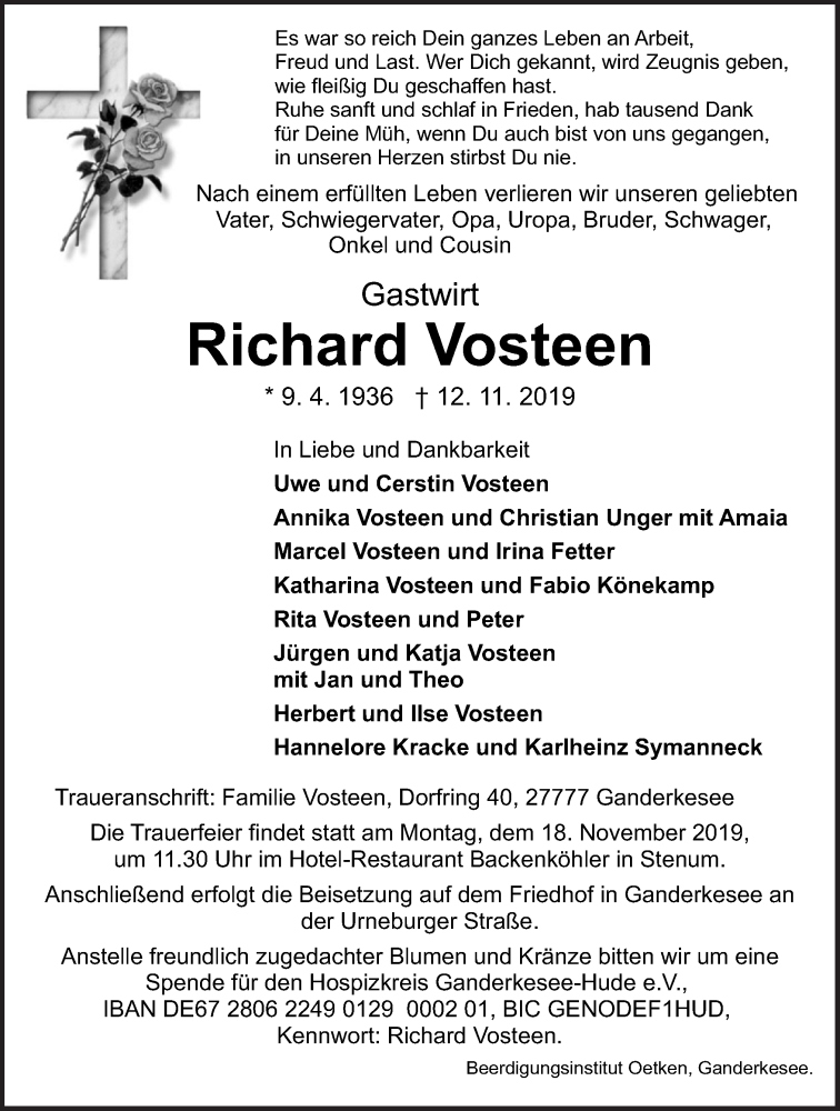  Traueranzeige für Richard Vosteen vom 14.11.2019 aus Neue Osnabrücker Zeitung GmbH & Co. KG