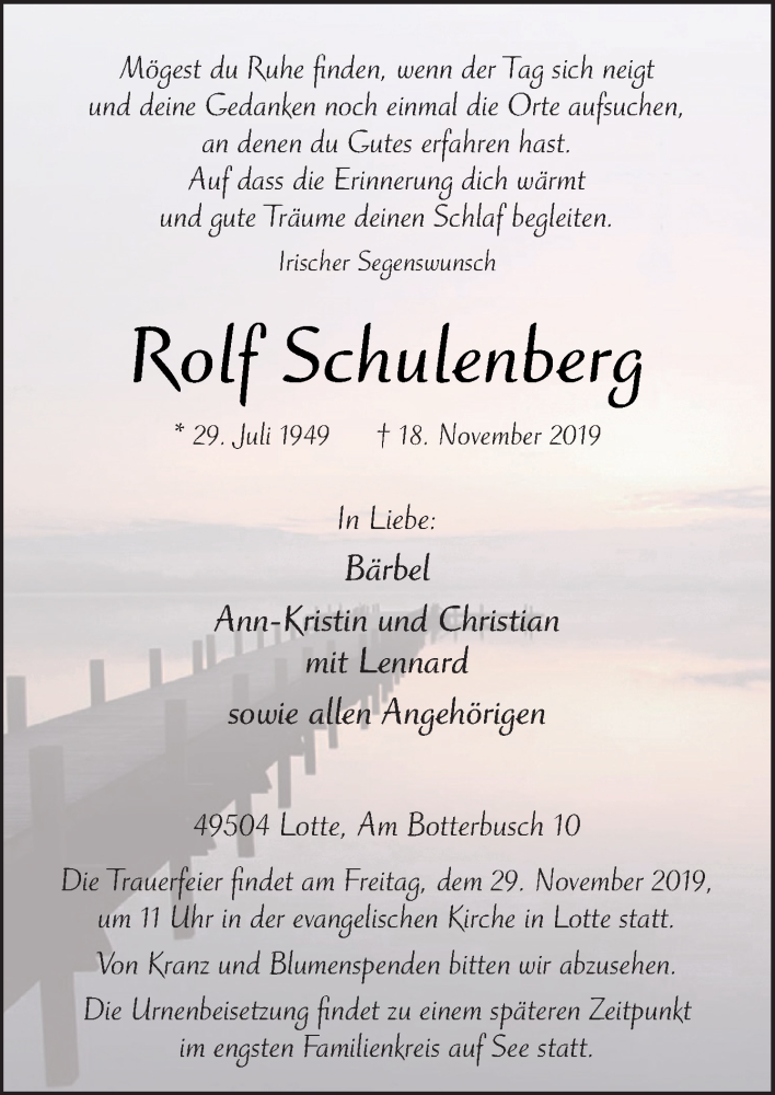  Traueranzeige für Rolf Schulenberg vom 23.11.2019 aus Neue Osnabrücker Zeitung GmbH & Co. KG