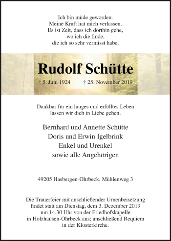 Traueranzeige von Rudolf Schütte von Neue Osnabrücker Zeitung GmbH & Co. KG