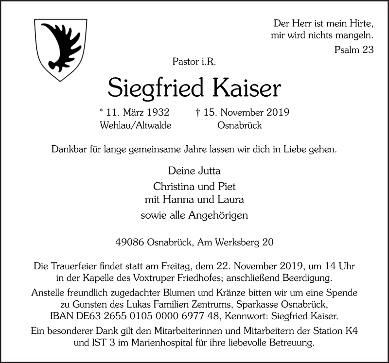  Traueranzeige für Siegfried Kaiser vom 19.11.2019 aus Neue Osnabrücker Zeitung GmbH & Co. KG