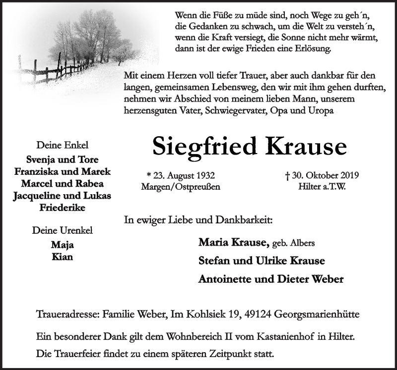  Traueranzeige für Siegfried Krause vom 02.11.2019 aus Neue Osnabrücker Zeitung GmbH & Co. KG