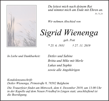 Traueranzeige von Sigrid Wienenga von Neue Osnabrücker Zeitung GmbH & Co. KG