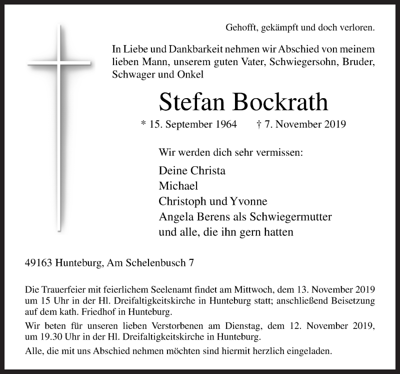  Traueranzeige für Stefan Bockrath vom 09.11.2019 aus Neue Osnabrücker Zeitung GmbH & Co. KG